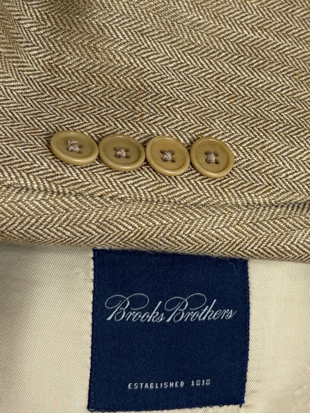 Brooks Brothers Sport Coat Mens 44L Beige Silk Linen Wool Herringbone Italy